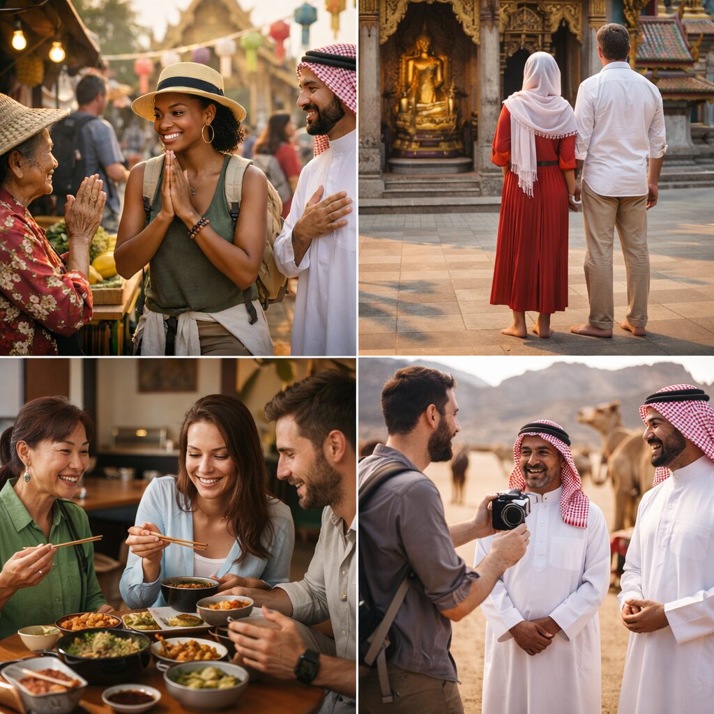 Traveler greeting locals respectfully while learning cultural etiquette in a foreign country